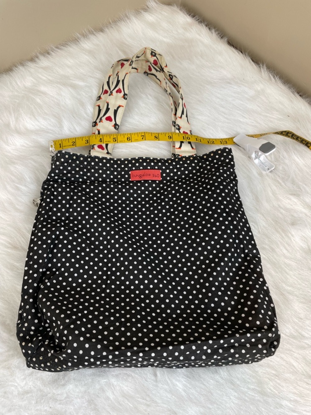 Bungalow 360 Penguin Print Canvas Tote Bag in Cream and Black with Red Accents - Picture 7 of 11